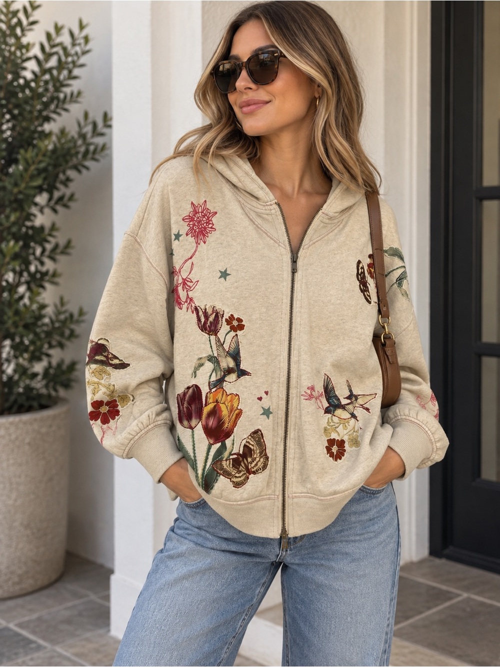 Free People Beige Zip-Up Hoodie with Floral & Bird Embroidery